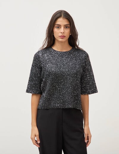 Pull manches courtes col rond brillant noir femme