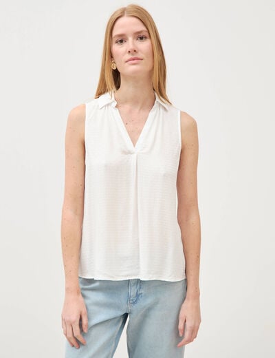 Top sans manches col tailleur ecru femme