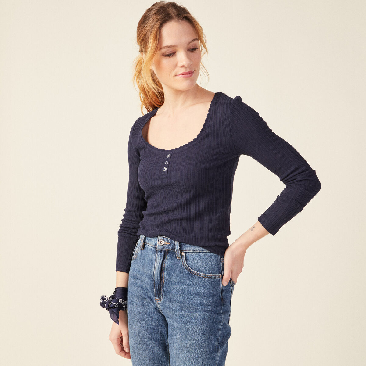 T-shirt à manches longues bleu marine femme