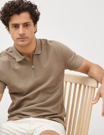 Polo en coton avec zip manches courtes taupe homme
