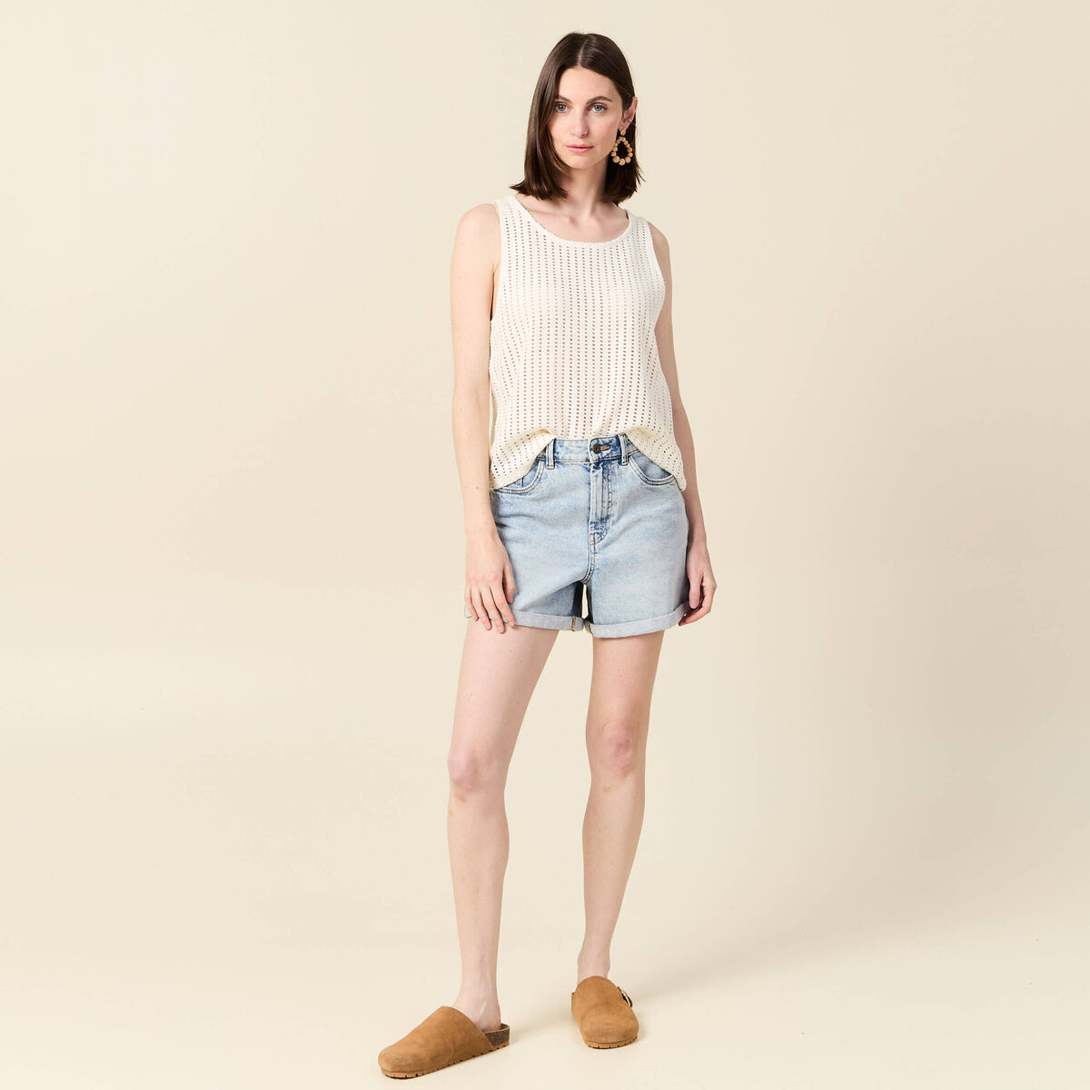 Débardeur sans manches ajouré creme femme
