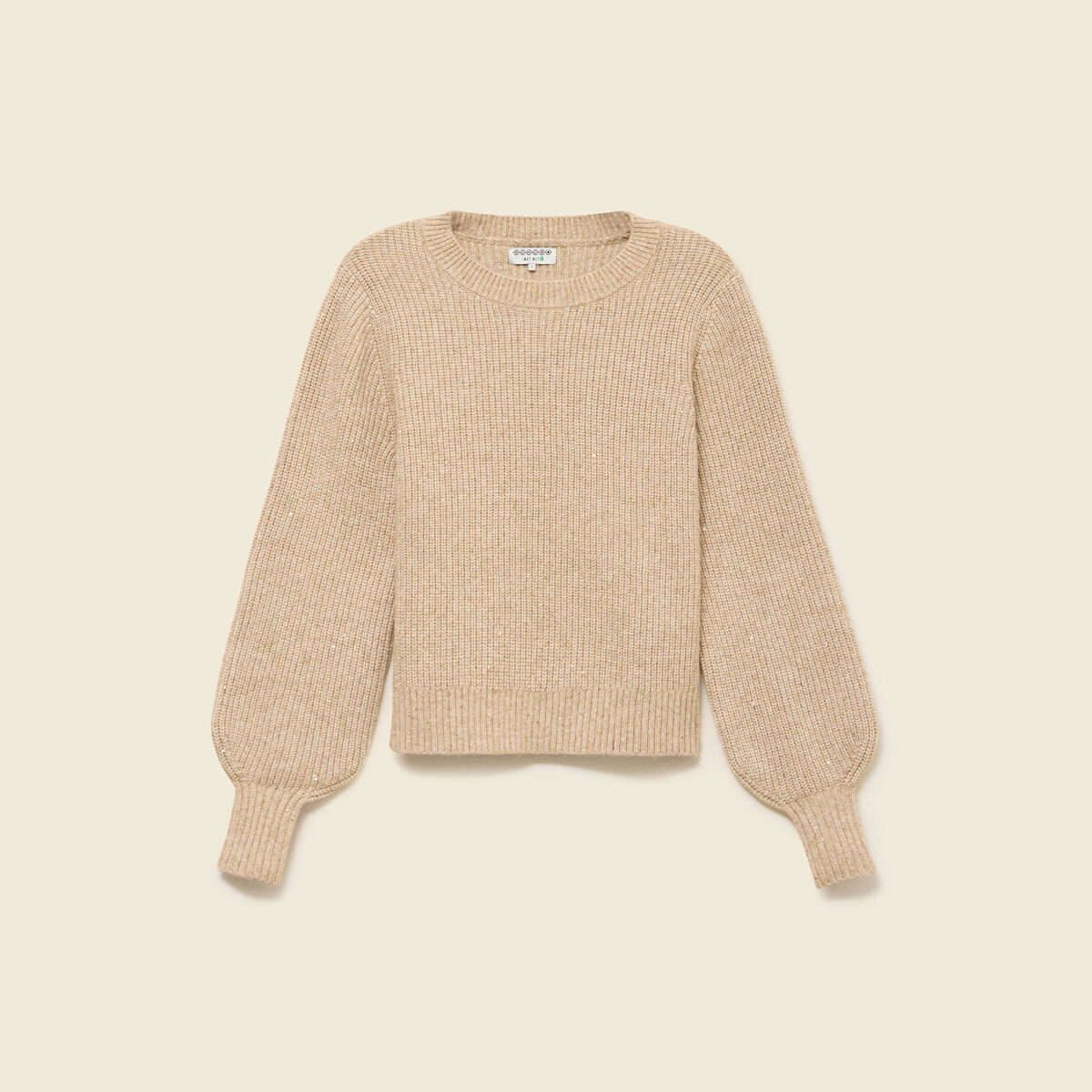 Pull manches longues col rond &agrave; sequins creme femme