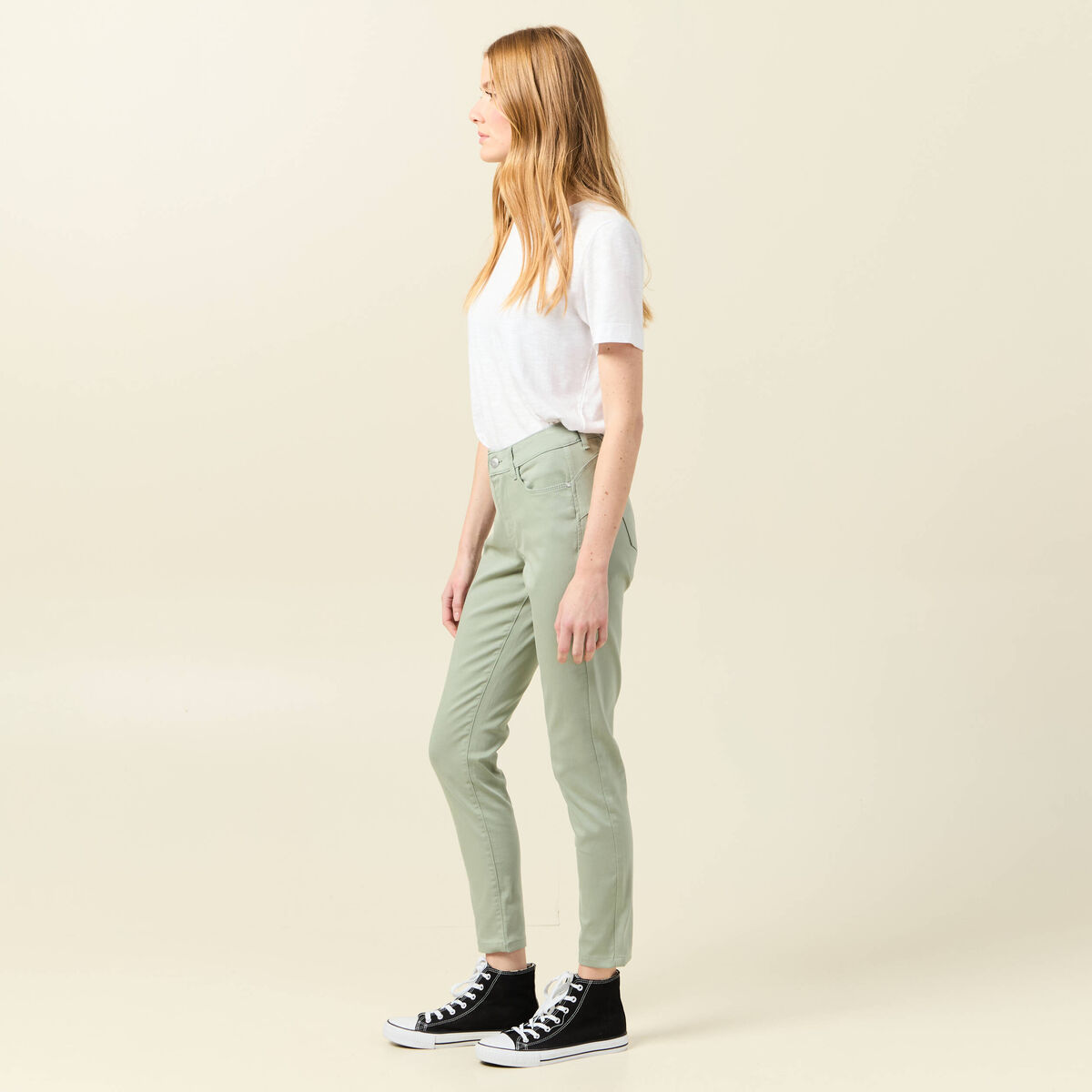 Pantalon skinny push-up 7/8ème vert olive femme