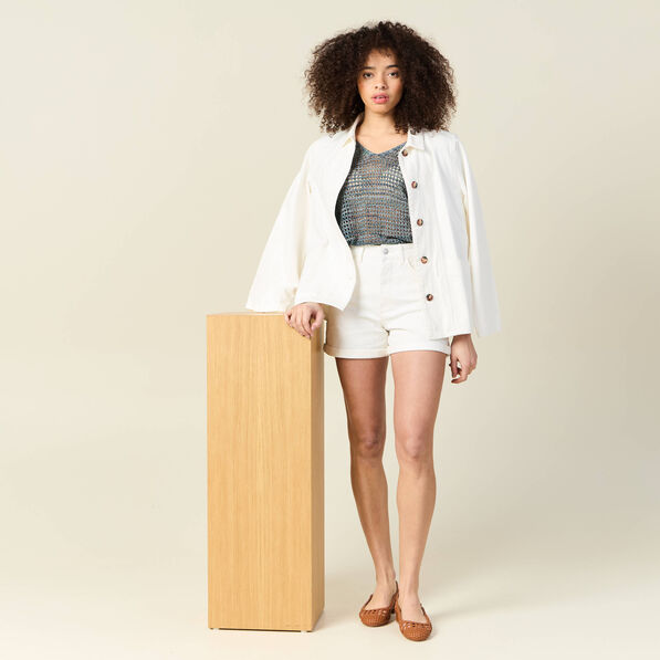 Pull manches courtes ajouré bleu clair femme