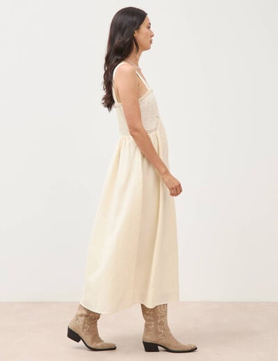 Robe en coton &agrave; bretelles col carr&eacute; ivoire femme