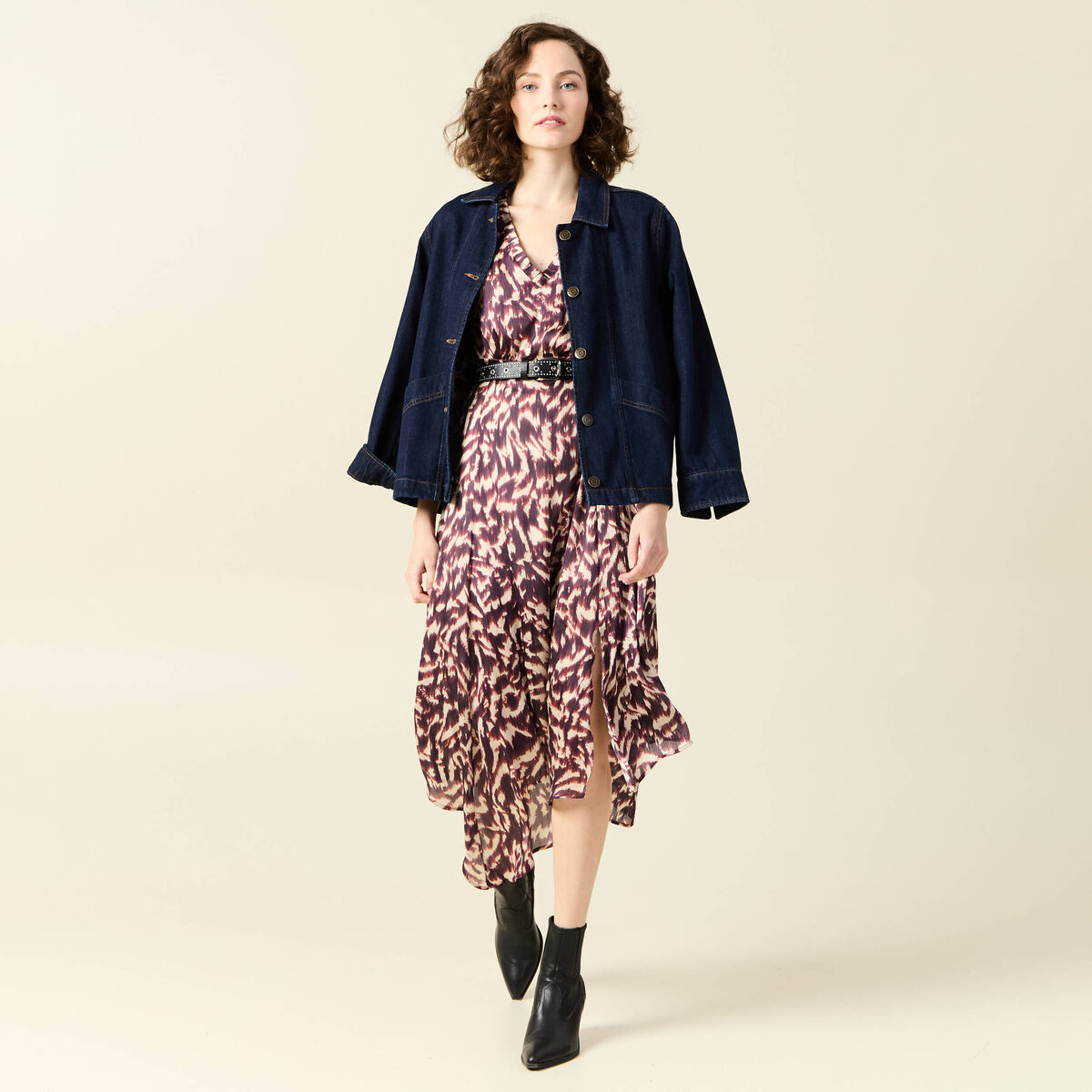 Robe longue évasée fluide marron femme