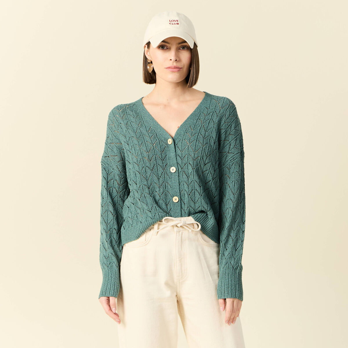 Gilet manches longues ajour&eacute; vert fonc&eacute; femme