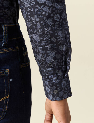 Chemise cintr&eacute;e en coton manches longues bleu marine homme