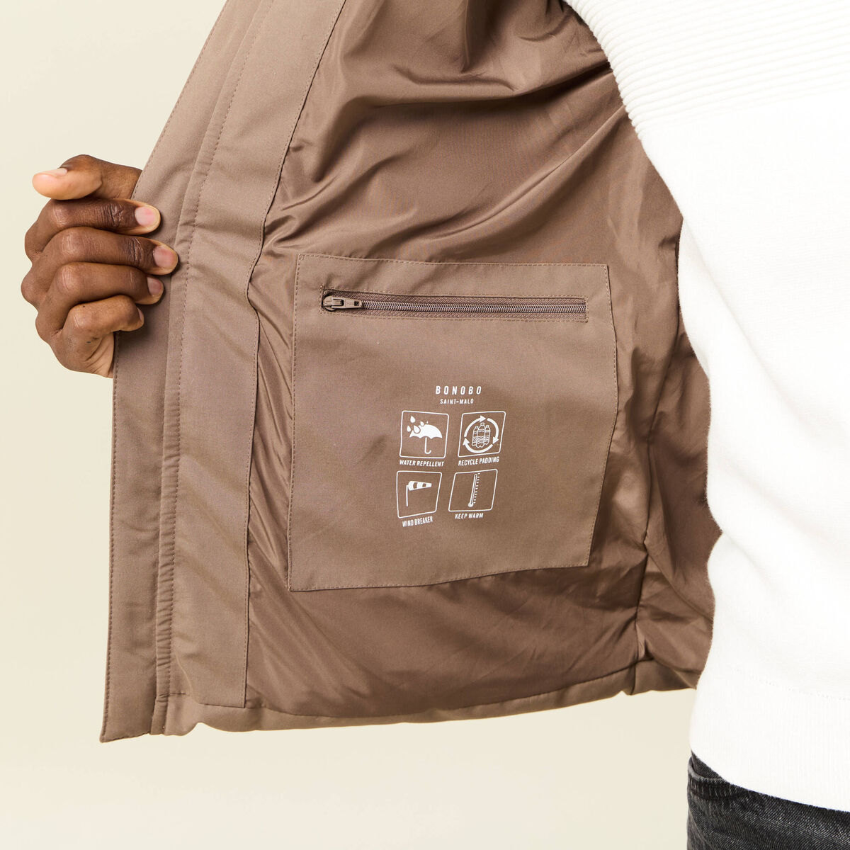 Doudoune capuche amovible marron fonc&eacute; homme
