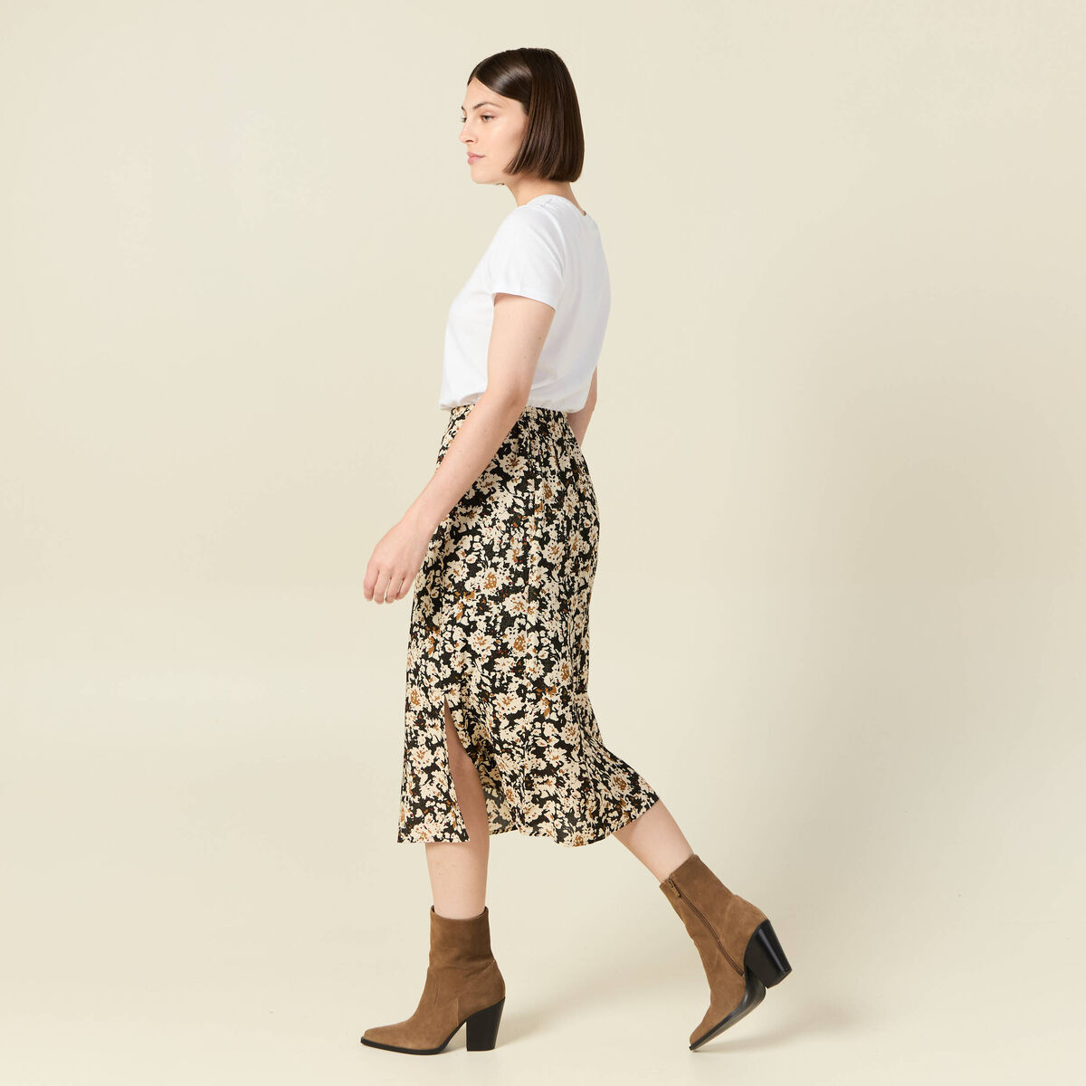 Jupe midi droite fendue noir femme