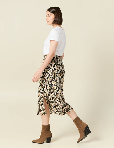 Jupe midi droite fendue noir femme