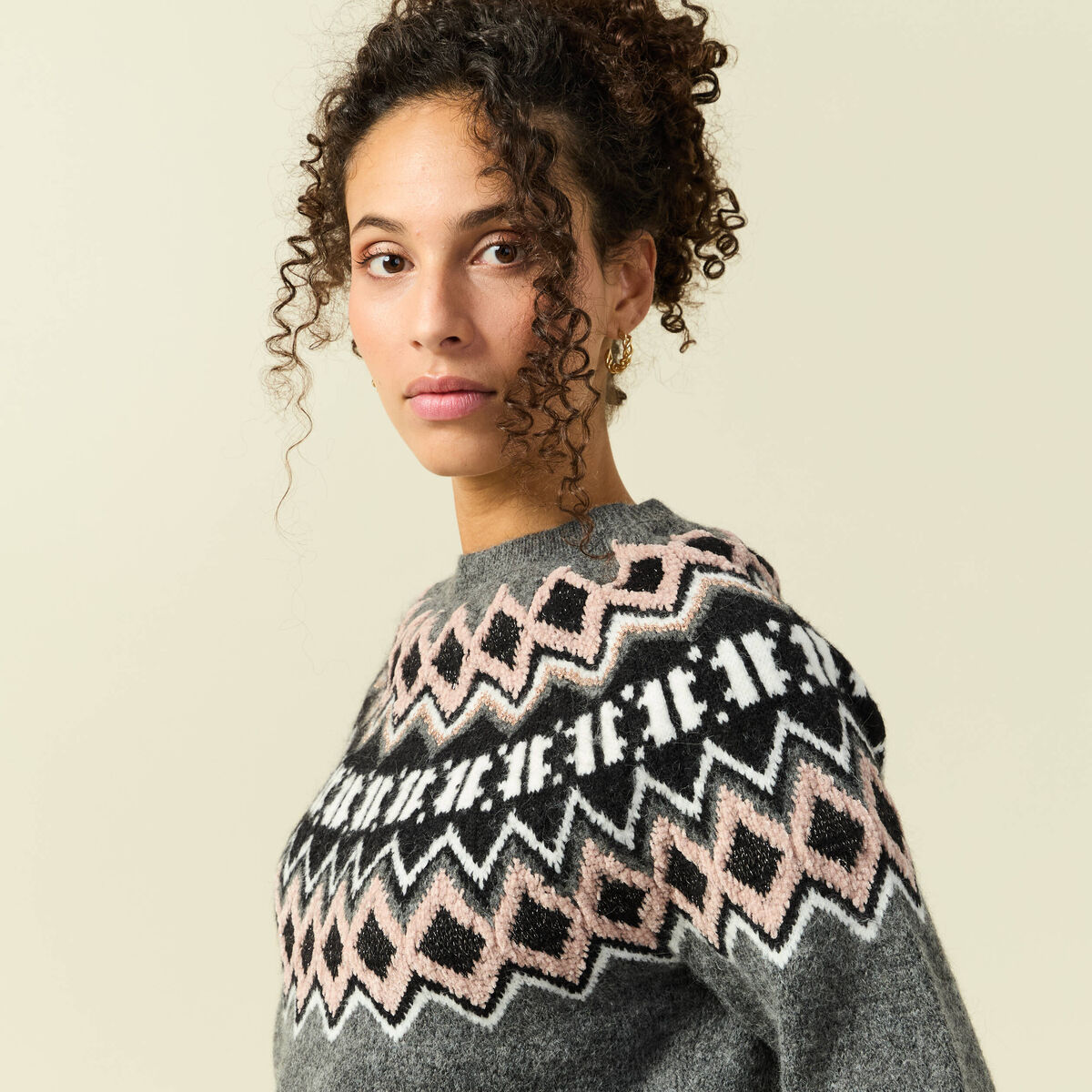 Pull col rond manches longues gris clair femme