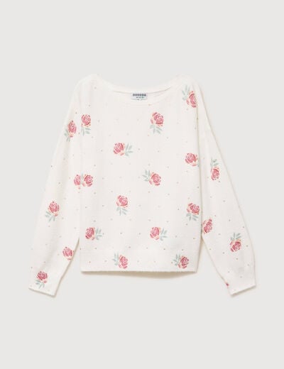 Pull col bateau manches longues ecru femme