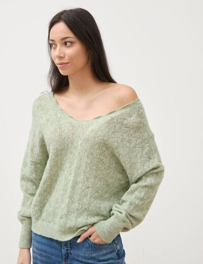 Gilet ajour&eacute; col V manches longues vert pastel femme