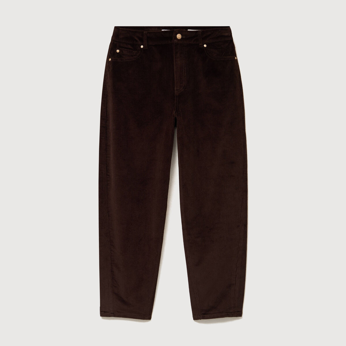 Pantalon taille haute velours resserr&eacute; marron femme