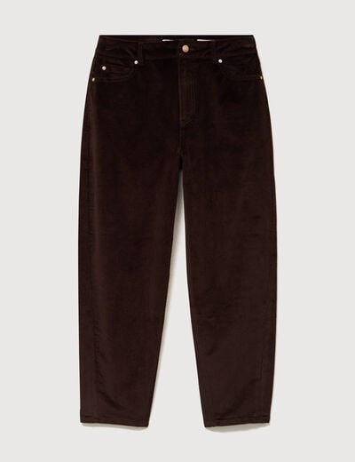 Pantalon taille haute velours resserr&eacute; marron femme