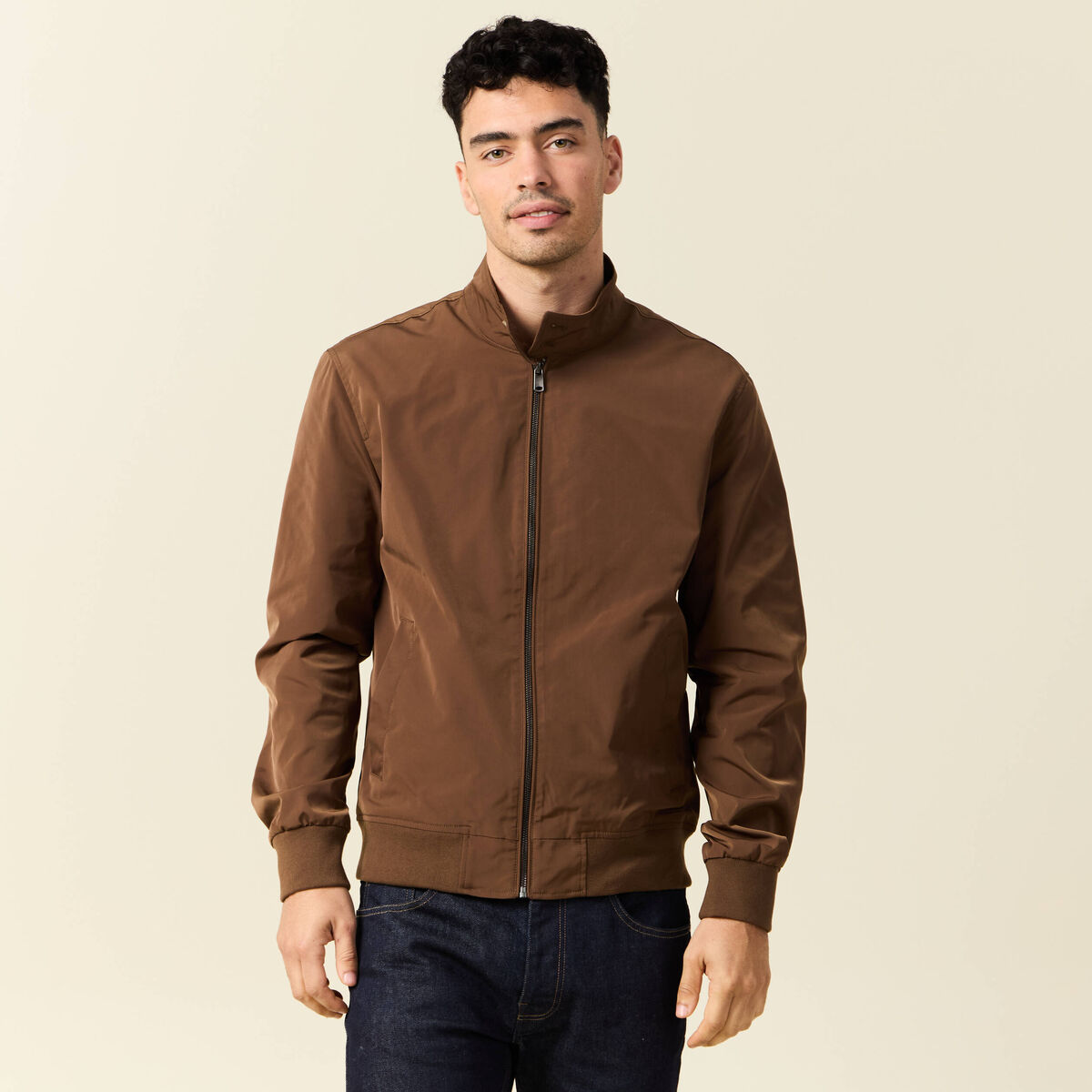 Blouson zipp&eacute; col montant marron homme
