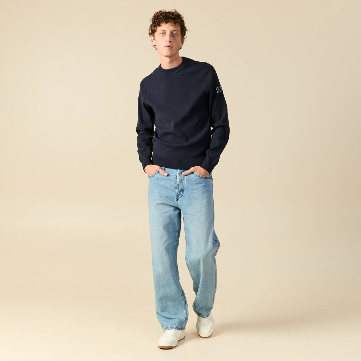 Pull fin manches longues col rond bleu marine homme
