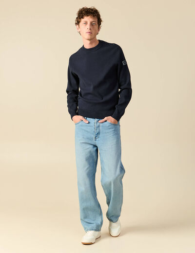 Pull fin manches longues col rond bleu marine homme