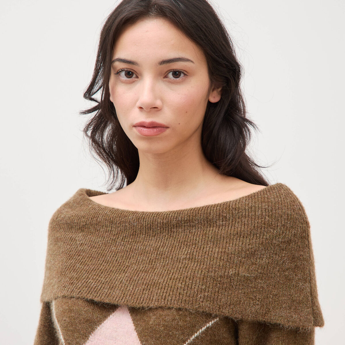 Pull droit manches longues bardot marron femme