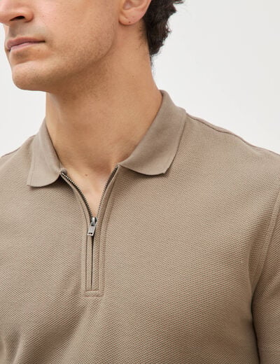 Polo en coton avec zip manches courtes taupe homme