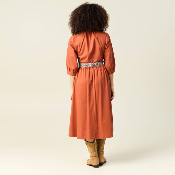 Robe midi évasée ceinturée marron cognac femme
