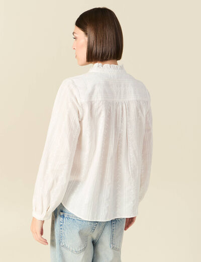 Blouse col mao manches longues en coton ecru femme