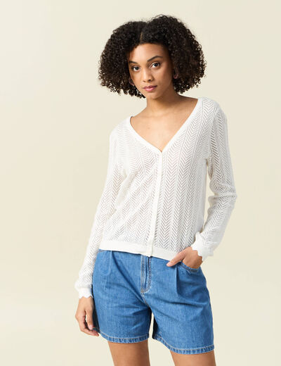 Gilet dos devant ajour&eacute; ecru femme