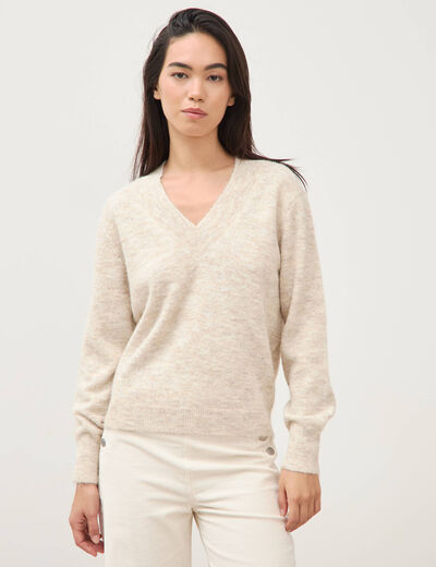 Pull col v manches longues creme femme