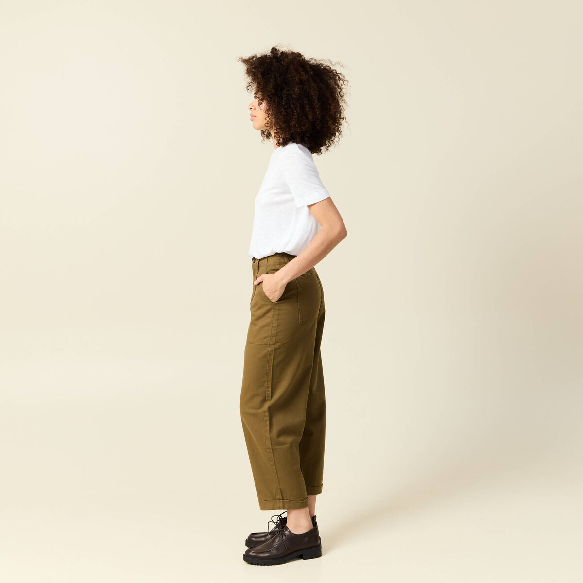 Jeans barrel taille haute 7/8&egrave;me vert kaki femme