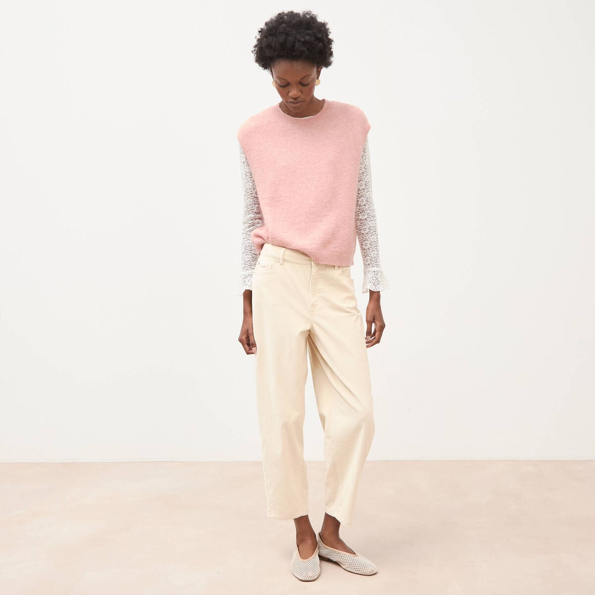 Pantalon taille haute velours resserr&eacute; ivoire femme