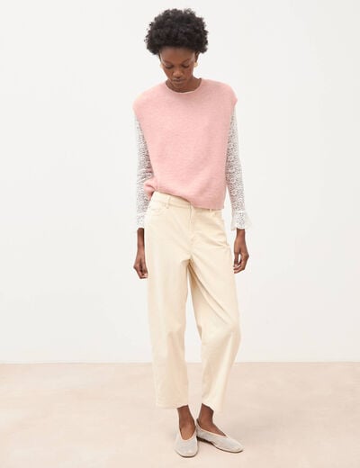 Pantalon taille haute velours resserr&eacute; ivoire femme