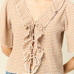 T-shirt col V &agrave; volants manches courtes marron clair femme