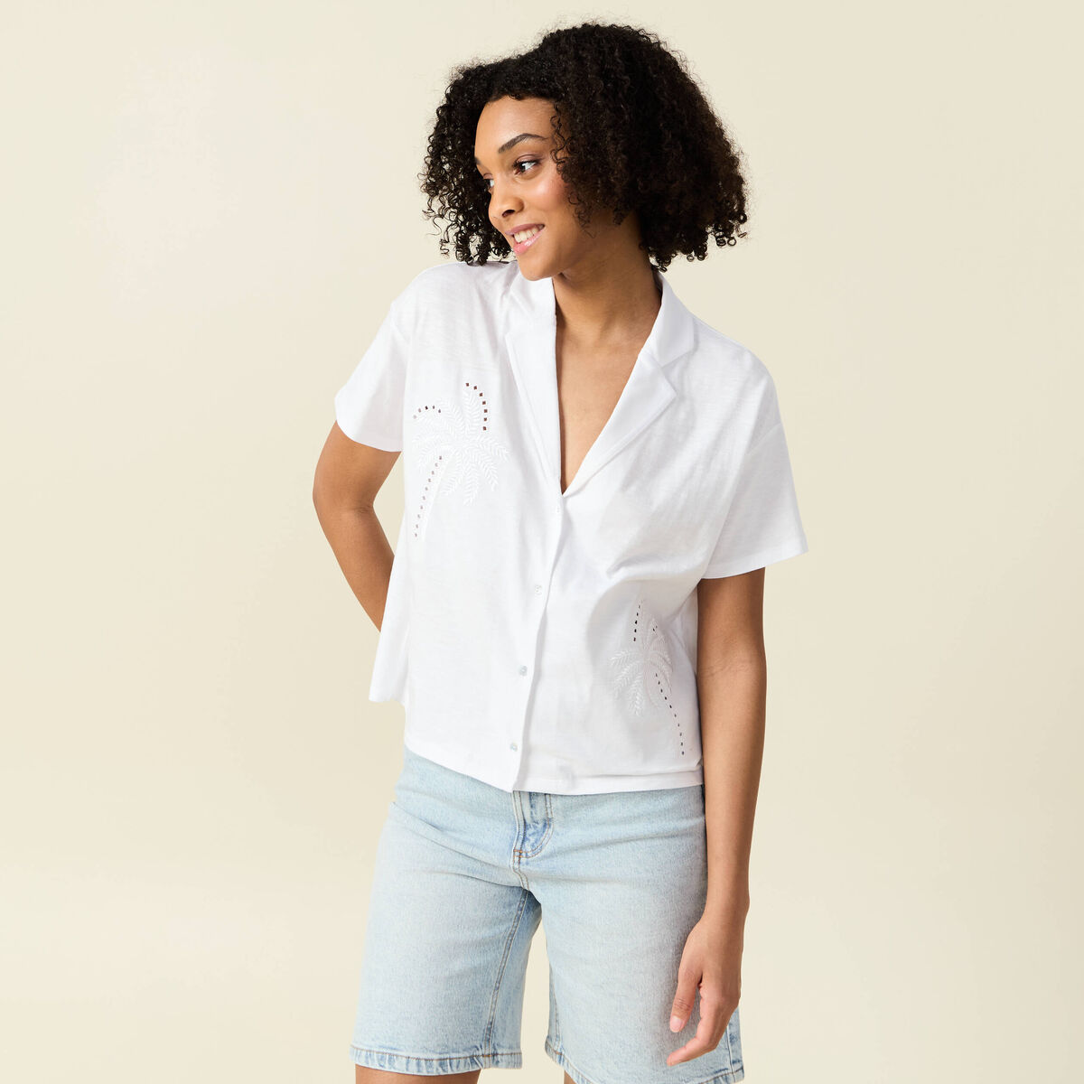 T-shirt manches courtes brodé blanc femme