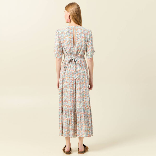Robe longue évasée col en V blanc femme