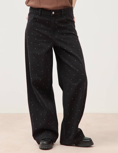 Jeans ample d&eacute;tails clout&eacute;s denim noir femme