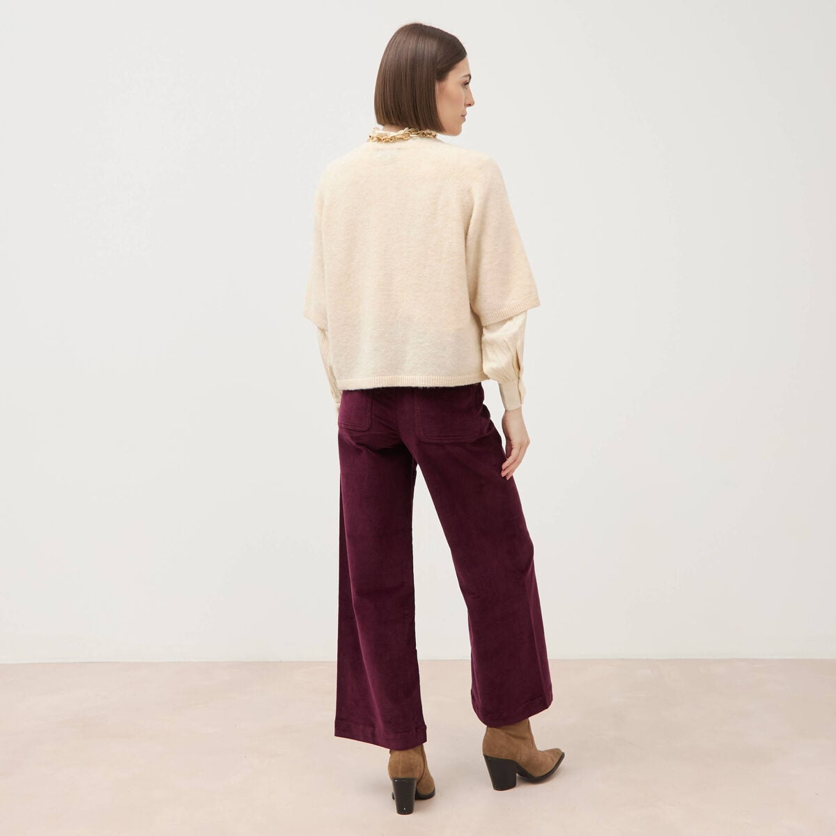 Pull droit col rond manches courtes ivoire femme