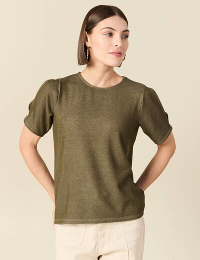 T-shirt manches courtes brillant vert kaki femme