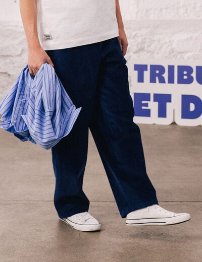 Pantalon large en velours longueur 32 bleu fonc&eacute; homme