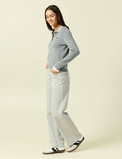 Polo manches longues avec c&oelig;ur brod&eacute; gris clair femme