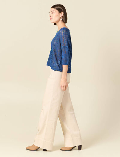 Pull ajour&eacute; col v manches 3/4 bleu marine femme