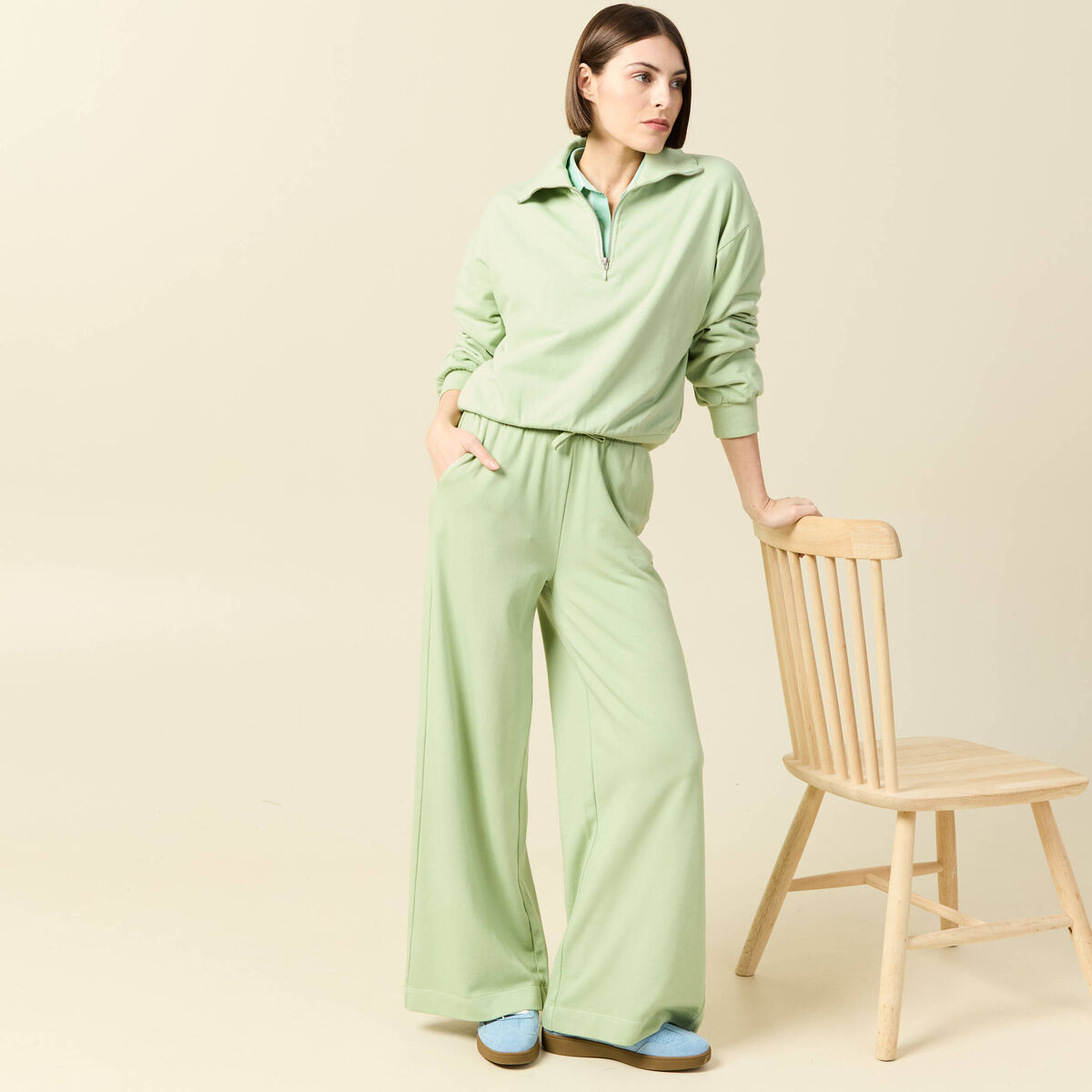 Pantalon large taille haute fluide vert clair femme