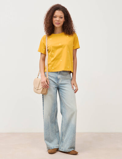 T-shirt droit col rond brod&eacute; en coton jaune or femme