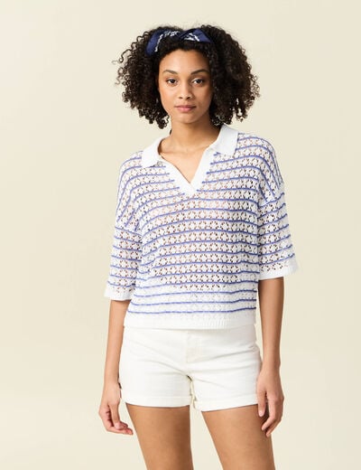 Pull manches courtes col polo bleu electrique femme