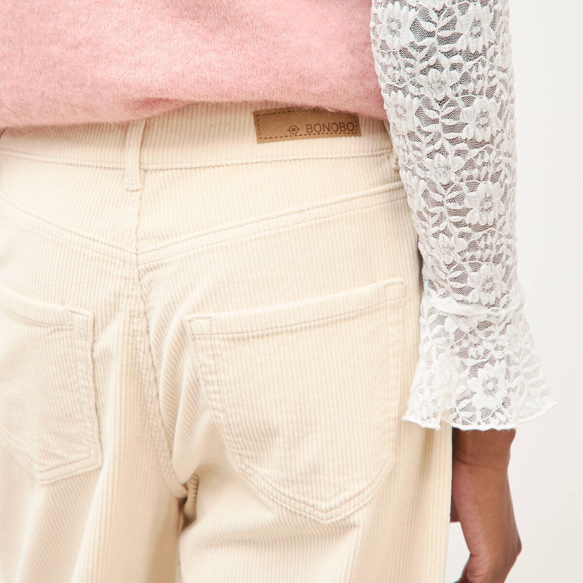 Pantalon barrel taille haute velours ivoire femme