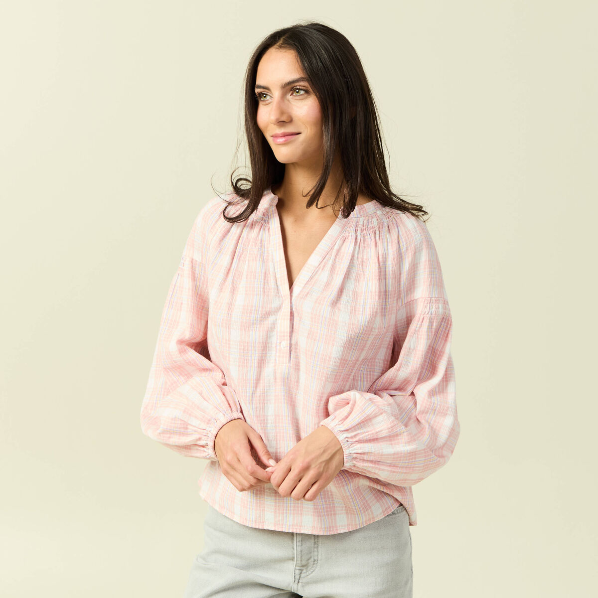 Blouse en coton &agrave; carreaux blanc femme