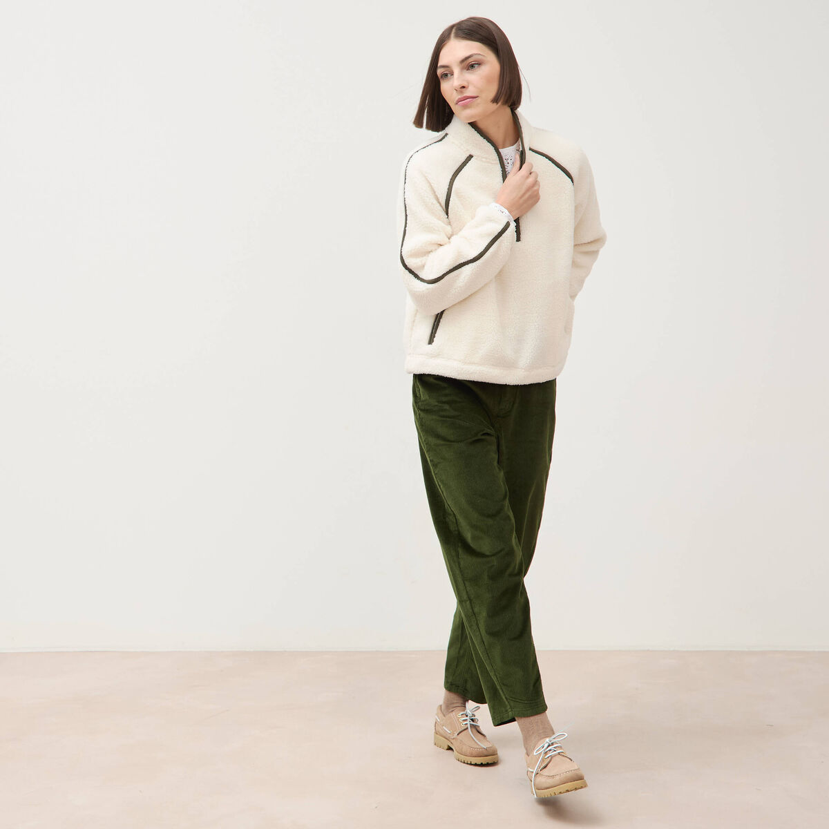 Pantalon barrel taille haute velours vert fonc&eacute; femme
