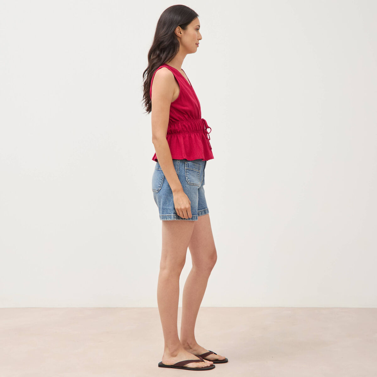 D&eacute;bardeur col v n&oelig;uds en coton rouge clair femme