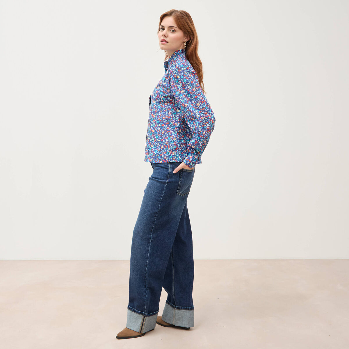 Chemise droite en coton manches longues bleu marine femme