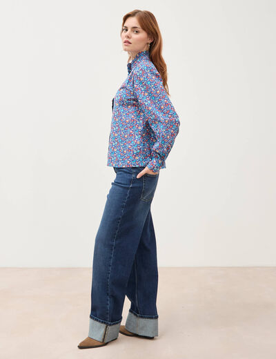 Chemise droite en coton manches longues bleu marine femme